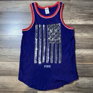 Pink Victorias Secret Women Top XS Blue Sleeveless Tank America Flag Sequins